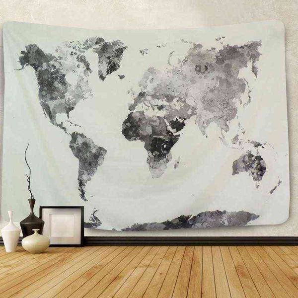 Mapa mundial mapa de tapeçaria abstrata planta decoração de parede arte em casa aquarela de aquarela cinza bedroom j220804