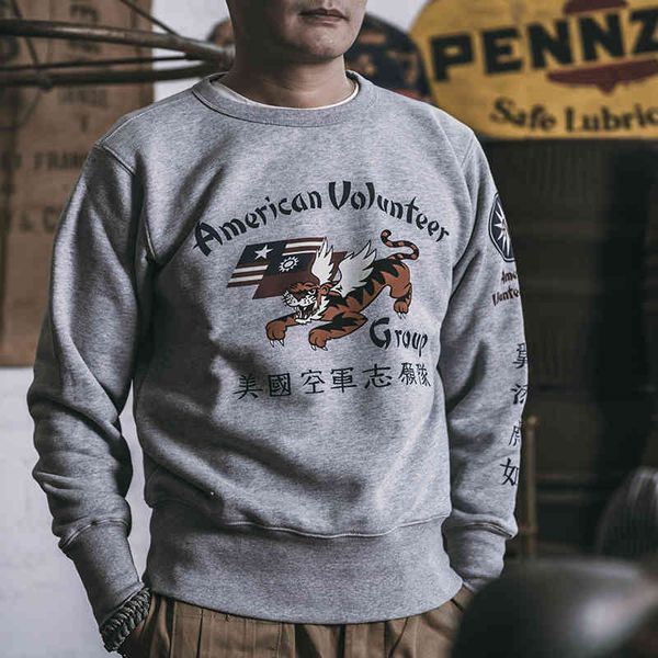 Bronson Flying Tiger Sweatshirt mit Militärdruck, 500 g schwere Baumwolle, US-Piloten-Fleece, Rundhalsausschnitt, lockere Pullover-Sweatshirts