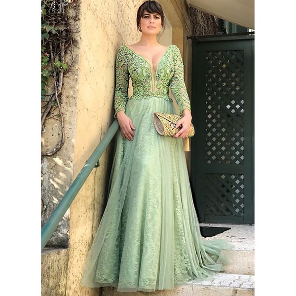 Abiti da sposo per la madre della sposa a maniche lunghe verde menta Lunghezza pavimento Tulle con applicazioni in pizzo Vestido De Festa para mae da noiva