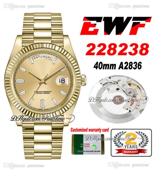 EWF Day Date 228238 ETA A2836 Orologio da uomo automatico oro giallo scanalato champagne baguette quadrante con diamanti bracciale presidenziale stessa scheda di serie Super Edition Puretime