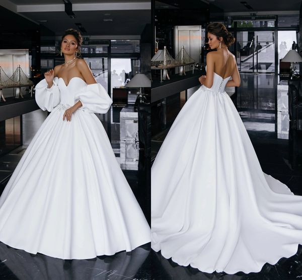 Vestidos de vestilos de cetim modestos vestidos de noiva com mangas de mangas de sopro destacáveis ​​para coração sem costas Apliques de renda sem backle