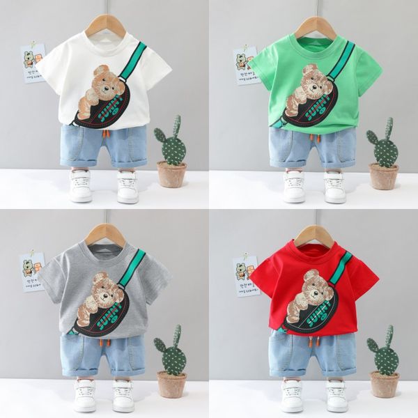 Säuglingskleidungssets Sommer Kinderkleidung Jungen Mädchen Lässiges Baumwoll-T-Shirt und Jeansshorts 2-teiliges Outfit Kleinkindkostüm Kinderkleidung 1398 D3