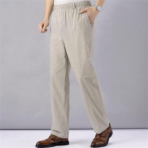 Мужские льняные брюки с высокой талией легкие летние брюки Мужчина тонкая одежда свободная хлопчатобумажная эластичная лента рабочие винтажные брюки 220822