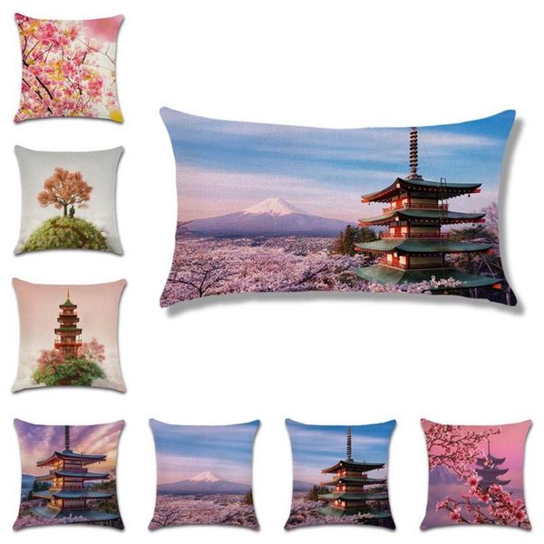 Almofada/travesseiro decorativo Cherry View Flower Temple Mountain Lombar Cushion Capa decorativa em casa sofá -cadeira de cadeira de assento de assento de amigo quarto G.