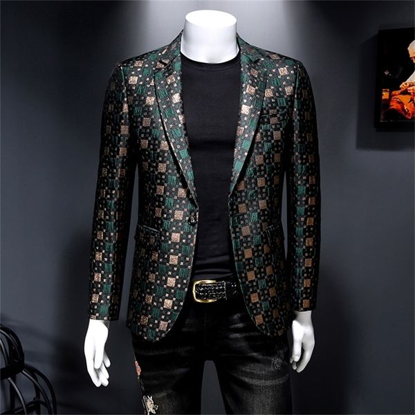 Frühling Blazer Männer Anzug Bühne Casual Silber Bleazer Für Bräutigam Hochzeit Gitter Grid Masculino Slim Fit 220822