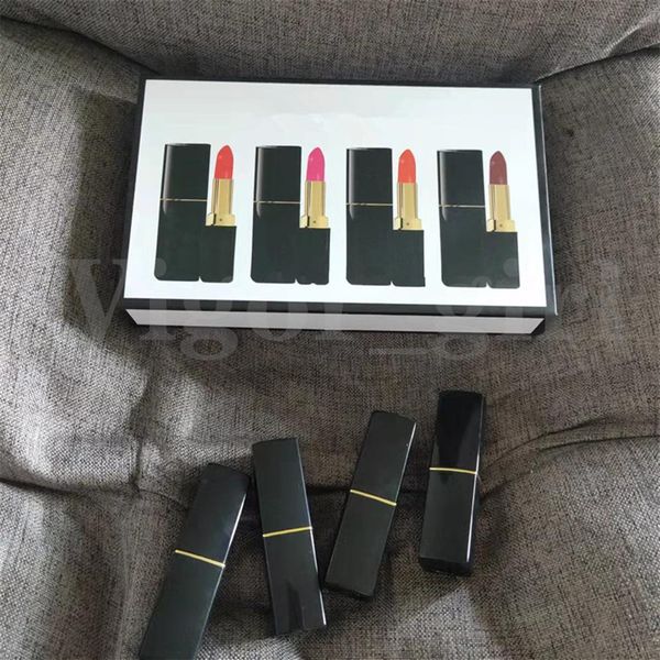 Stock Luxury Marca Maquiagem Matte Lipstick 4 Cores Tubo preto Bato de veludo ￠ prova d'￡gua de alta qualidade Lipsticks 4pcs Conjunto Cosmet2730