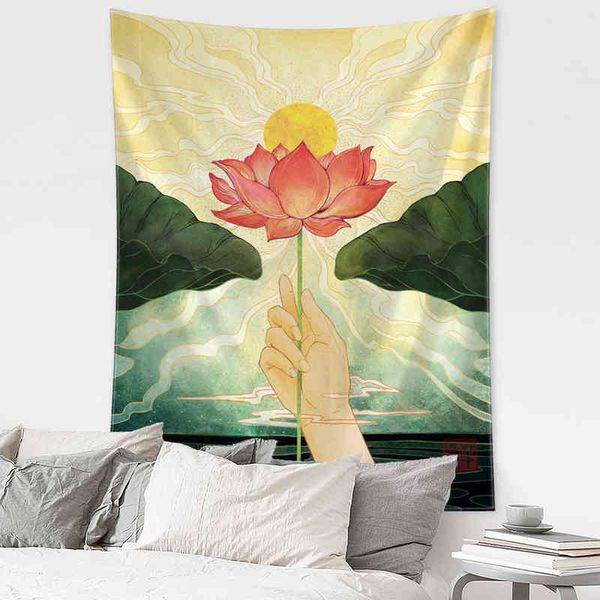 Goblen lotus gün batımı yağlı boya halı duvar asılı bohem tarzı hippi tapiz
