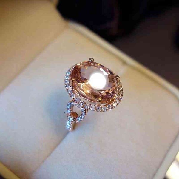Anéis femininos Diamante S925 Sterling Silver Ring Oval Gold em pó natural pó morganita Diamante feminino Moda temperamental Abertura de todas as partidas