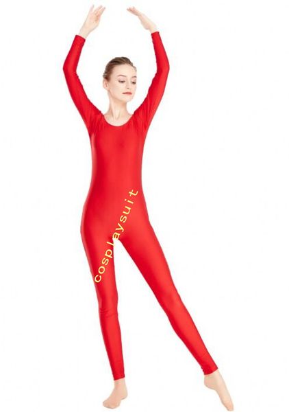 Rote Farbe Mädchen Catsuit Kostüme Gymnastik Ganzanzug Erwachsene Langarm Tanz Ganzanzug Zentai Bodysuits Kinder Spandex Overalls Tanzbekleidung