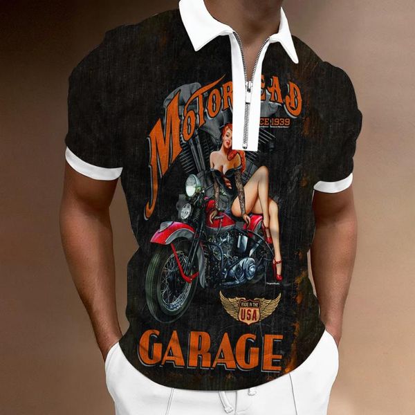 Polo da uomo 2022 Estate da uomo Biker Moto Lettera Modello T-shirt stampata in 3D Top Camicie Street Cool Manica corta Zip Risvolto TrendMen's Men'