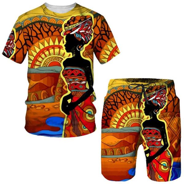 Herren-Trainingsanzüge, afrikanischer 3D-Druck, zweiteiliges Set für Herren, ethnischer Stil, Paar, Streetwear-Outfits, Sommer-T-Shirt/Shorts/Anzug, lässig, Folk-Trac