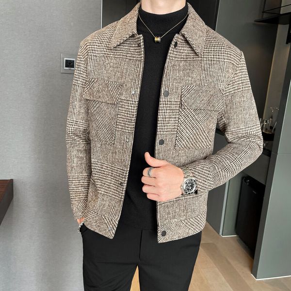 Wollmischung Trench Coat Hommes Veste Abrigo Largo Hombre Wollmantel Männer Kurzer Erkek Mont Korean Slim Plaid Jacket Männer Tweed Coat 220822