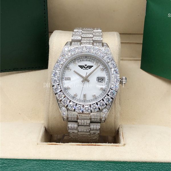 Orologio full diamond quadrante bianco perla President 128238 43mm 18k White Gold Men Box