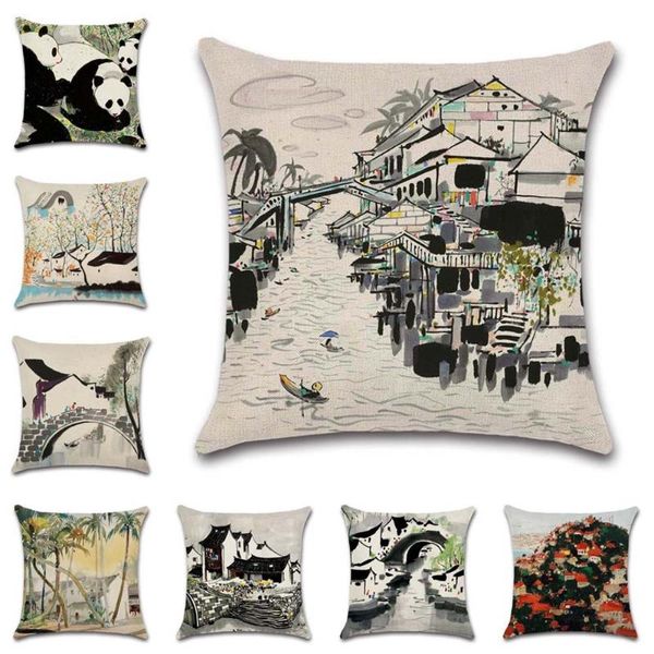 Kussen/Decoratief Kussen Chinese Inkt Schilderij Dorp Kussenhoes Decoratieve Home Gooi Sofa Stoel Autostoel Vriend Kinderen Jongens Slaapkamer Cadeau