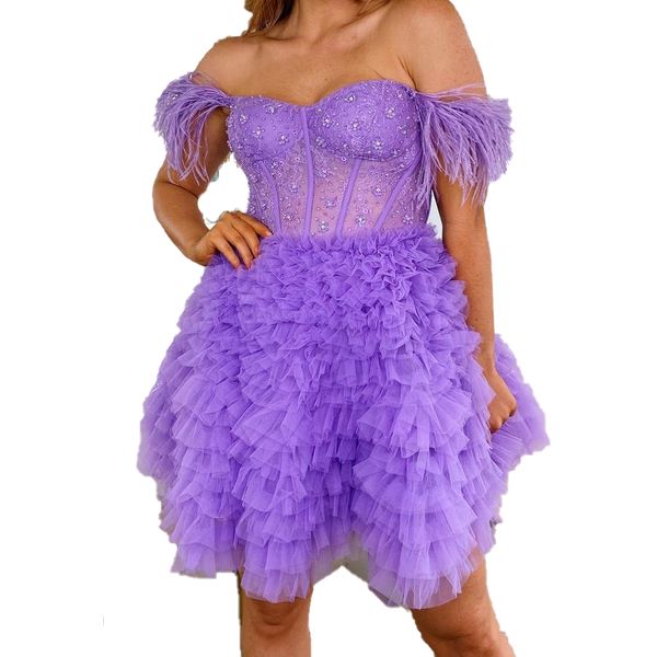 Piuma Hoco Dress 2023 Gonna con volant Lady Evento formale Cocktail Party Abito Sweetheart Mini Club Night Homecoming Gala NYE Short Prom Dance A-Line Ossa incorporate lilla