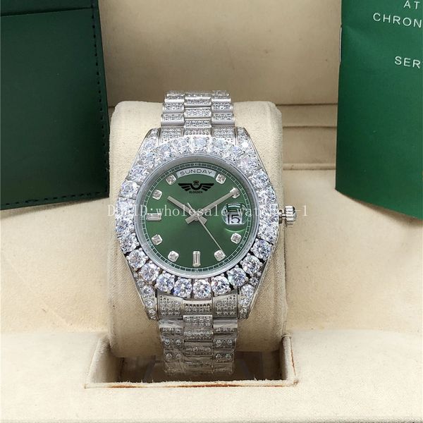 Presidente verde de relógio de diamante completo 128238 43mm Automático 18k Gold Men Box