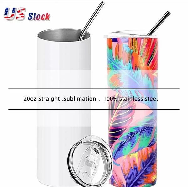 20 Unzen Sublimationstassen GERADE Tumbler mit Strohhalm 100 % 304 Edelstahl Wasserflaschen doppelt isolierte Becher weiß