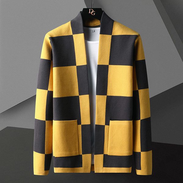 Männer Jacken Britischen Stil Herbst Strickjacke Pullover Trend Marke Mode Plaid Cardigan Mantel Männer Freizeit Gelb Blau Herren Pullover 220826