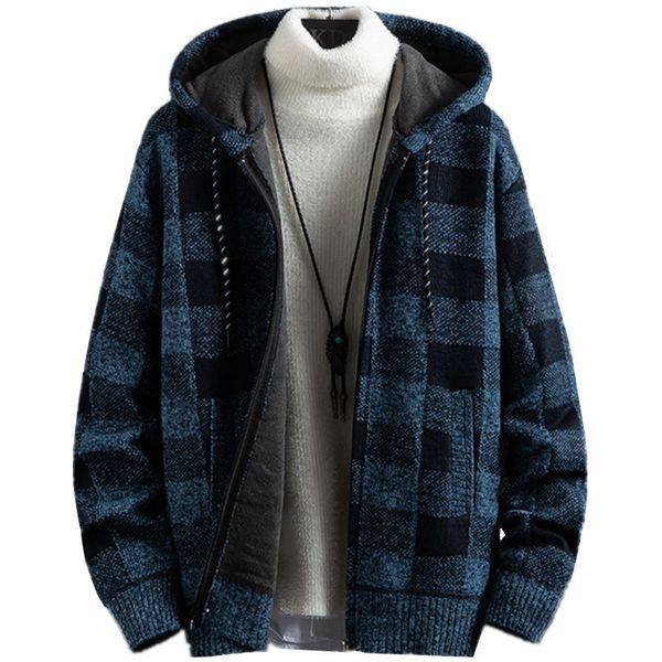 Giacche da uomo Autunno Inverno da uomo Plaid Cardigan con cappuccio casual Cashmere Ispessimento Maglione caldo Cerniera maschile Aggiungi Giacca in maglia di lana Cappotto 220826