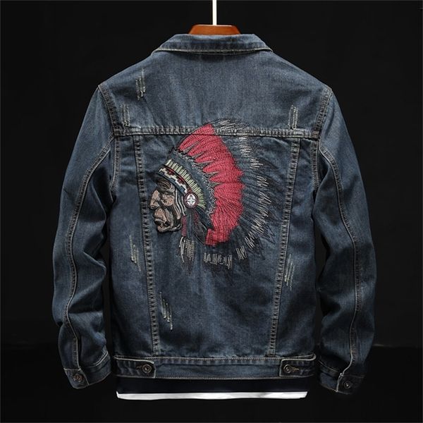 Chaquetas de los hombres Prowow Moda Streetwear Chaqueta de los hombres Retro Azul Jefe indio Bordado Chaquetas de mezclilla Hombres Tamaño M-6XL Hip Hop Punk Abrigos 220826