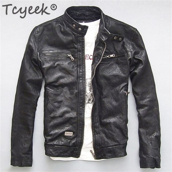 Pelle da uomo in ecopelle Tcyeek Giacca in vera pelle da uomo Vera pecora capra Nero Marrone Maschio Bomber Moto Giubbotti Primavera Autunno Abbigliamento uomo L1 220826