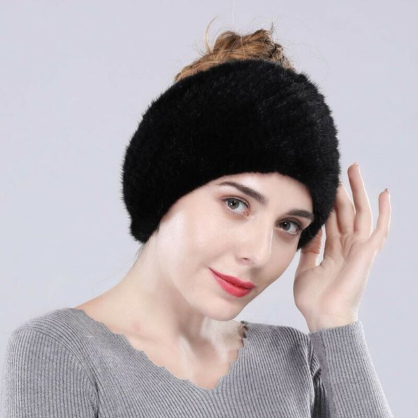 100% импорт норка мех шарф зимний повязка на голову Snood Высокий эластичный плотный плетение черное