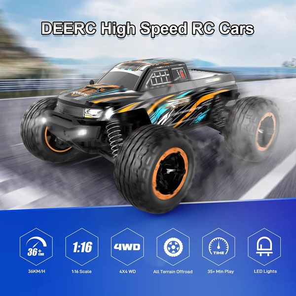 Carros de rodas grandes com controle remoto RC brinquedos de alta velocidade 45 KMH caminhões 4WD rápidos com luzes LED 2,4 GHz todo terreno offroad