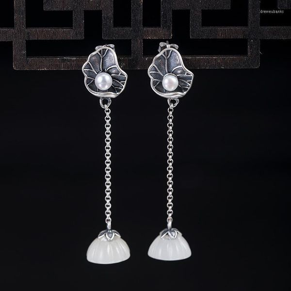 Baumeln Ohrringe Kronleuchter Frauen Lotus Seedpod Blatt Perle Jade Schmuck Chinesischen Stil 925 Sterling Silber Lange Hängen Großhandel