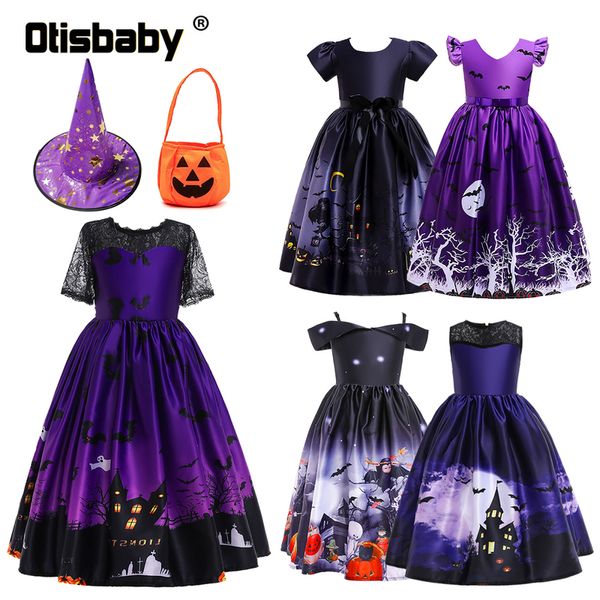 Ocasões especiais Halloween Child Witch Fantas Party Party Bat Print Print Dresses Longos Vestidos de Performance Hat Hat Bag Candy Bag A220826