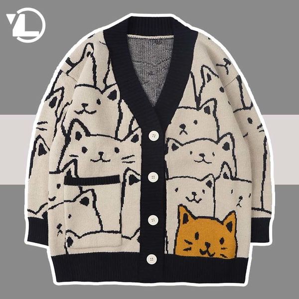 Мужские куртки Harajuku Cartoon Cat Cardigan Sweater Мужской уличная одежда в колледже.