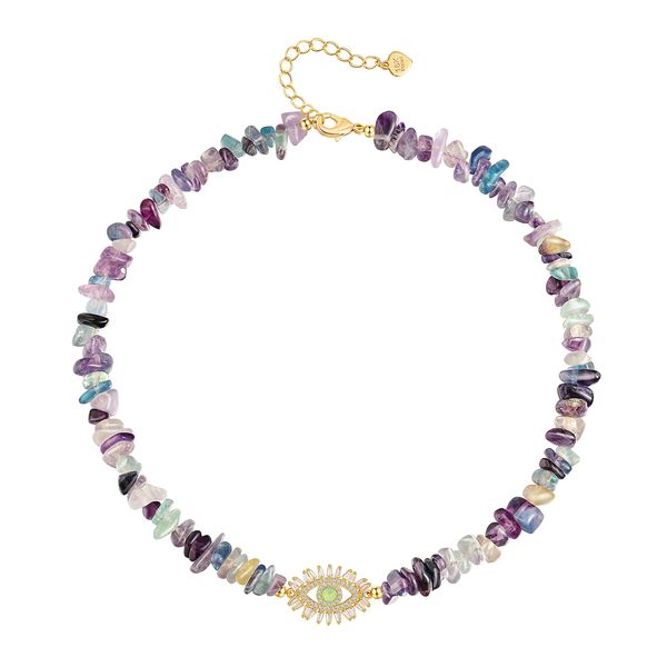 Collana Collane di perline Collana girocollo in fluorite color mix naturale Oro 18 carati Cz Pave Ciondolo malocchio per donne Ragazze Single Ctured d'acqua dolce amzQC