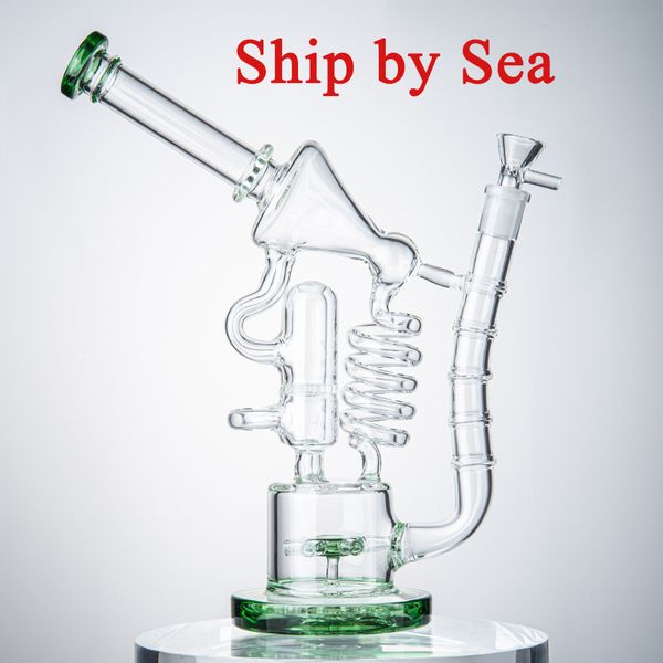 Navio por mar 12 polegadas de altura Recycler Hookahs Big Bongs Birdcage Beecomb Perc Dab Rigs Matrix Sidecar 14mm Joint Water Pipes Azul Verde com Heady Bowl WP558