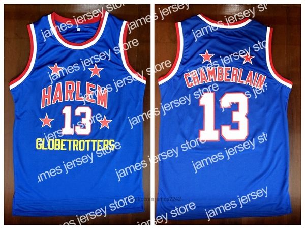 Basketball-Trikots Harlem Globetrotters 13 Wilt Chamberlain College-Basketball-Trikot, Vintage-Blau, alle Nähte, Größe S-3XL, aus den USA