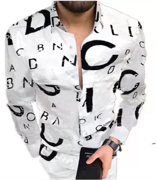 Nova camisa estampada de letras verão slim fit moda masculina manga longa havaiana camisas casuais roupas masculinas a02