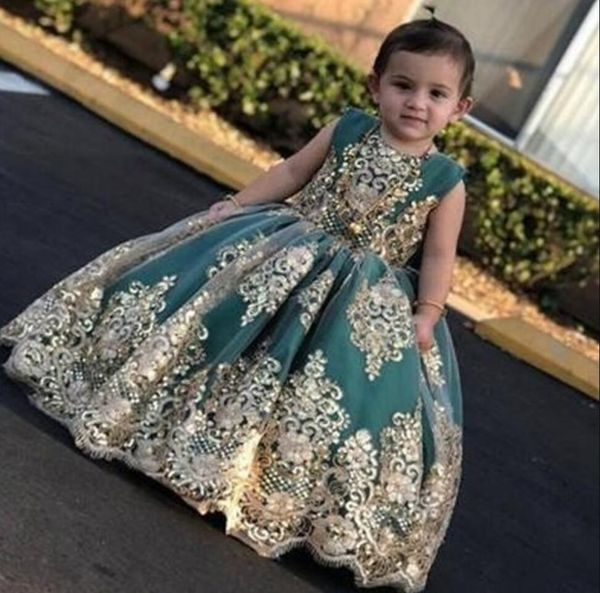 2022 Little Flower Girls 'vestidos com apliques de renda dourada para vestidos de concurso longo jade