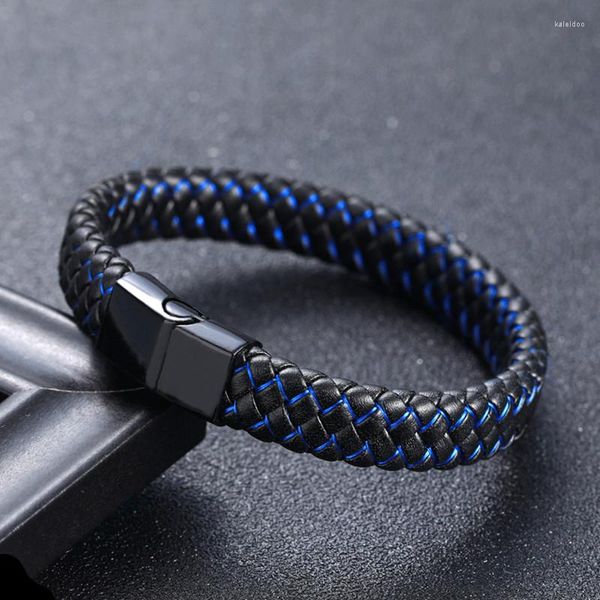 Charm Armbänder MKENDN Hohe Qualität Punk Männer Schwarz Blau Geflochtenes Leder Armband Für Magnetverschluss Modeschmuck