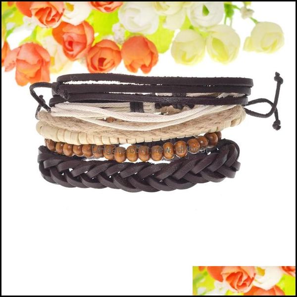 Fili di perline Bracciale con perline Mti-Layer Avvolgimento misto Perline di legno in pelle Set Uomini e donne Consegna di goccia regolabile 2021 Gioielli Brac Dhs8L