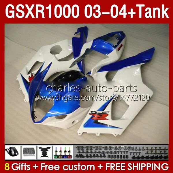 Tanque de kit de fadas para Suzuki GSXR-1000 K 3 GSXR 1000 CC K3 03-04 Corpo de molde de injeção 147NO.105 GSX-R1000 1000CC GSXR1000 2003 2004 GSX R1000 03 04 OEM Fansando azul branco BLK