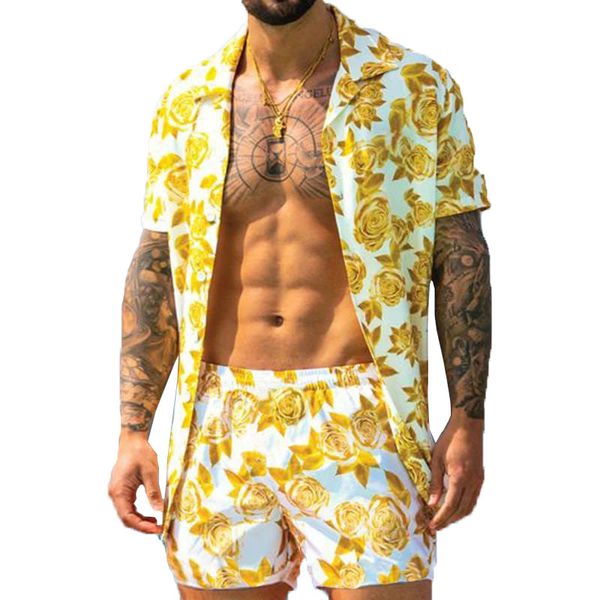 Summer Mens Tracksuit Duas peças Hawaii Manga curta de alta qualidade camisa impressa shorts shorts conjuntos de roupas de mangueira de plata