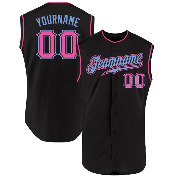 Maglia da baseball senza maniche autentica personalizzata nera rosa-celeste