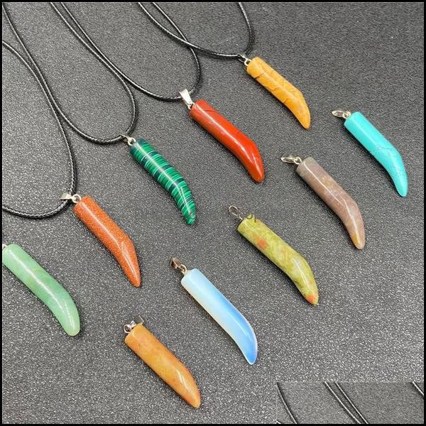 Anhänger Halsketten Mode Ox Horn Form Chakra Natürliche Steine Halskette Reiki Heilung Kristall Charms Für Männer Frauen Schmuck Schwarz Seil Dhkiw