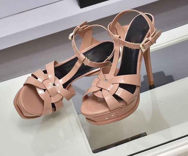 Popüler tasarımcı haraç patent yumuşak deri platform sandaletler yüksek topuk stiletto sandalet t-kayış bayan ayakkabıları pompalar 10 cm ve 14cm kutu 35-42