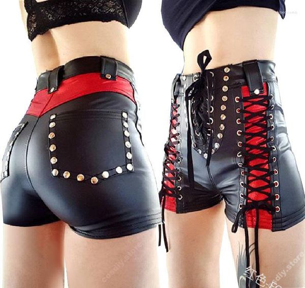 Shorts femininos de tamanho grande calças curtas góticas punk pu woman sexy skinny renda up bolsos de retalhos clube de cintura alta para meninas