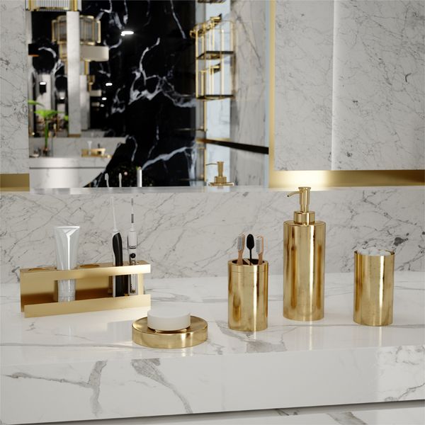 Set di accessori per il bagno Accessori per il bagno in acciaio inossidabile dorato di lusso Scatola per fazzoletti Portasapone Bottiglia per lozione Collutorio Portaspazzolino Scopino per WC 220827