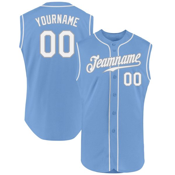 Maglia da baseball senza maniche autentica personalizzata azzurra bianca-grigia