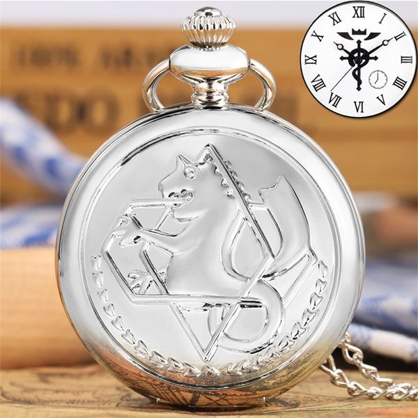 Relógios de bolso retro Silverbronze Tone Fullmetal Alchemist Watch Cosplay Edward Elric Anime Design Boy Pingente Chain Chain Presente 220826