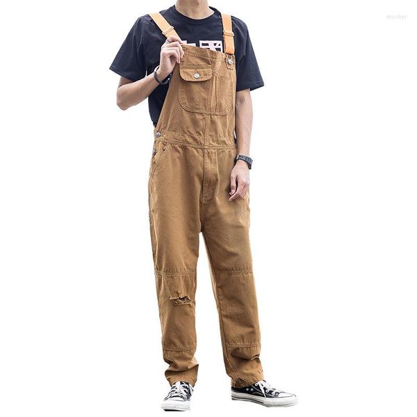 Herren Jeans Herren Vintage Blau Khaki Lätzchen Denim Overalls Männer Streetwear Lose Strampler Overall Fracht Hosenträger Zerrissene Hosen Mann Plus Größe