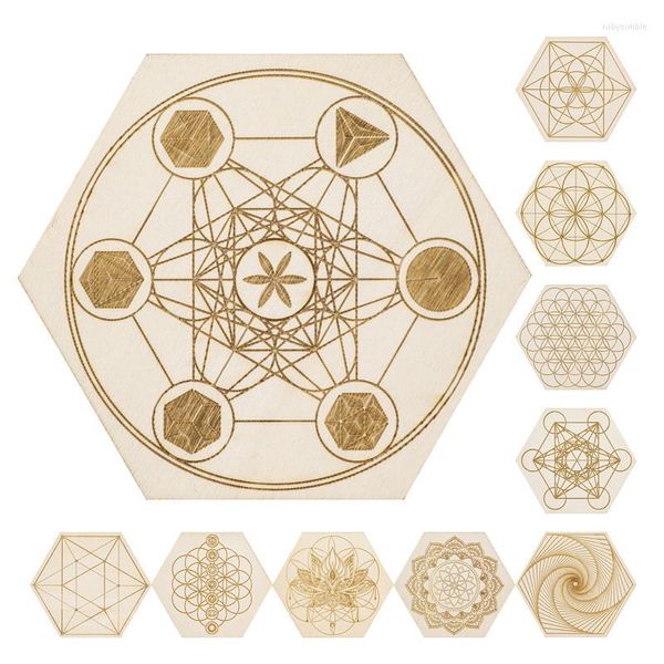 Mücevher torbaları 10 cm doğal ahşap tahta meditasyon ızgara tahtası metatron küp yaşam çiçeği iyileştirici chakras yoga enerji taş destek evi