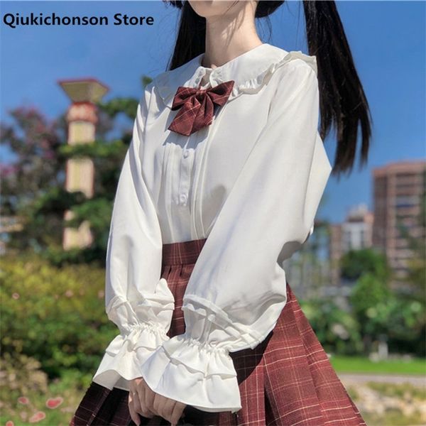 Kadınlar bluz gömlekleri uzun kollu beyaz gömlek genç kızlar bahar sonbahar Japon tiki stil kawaii fırfırlı peter pan yaka lolita bluz üstleri 220826