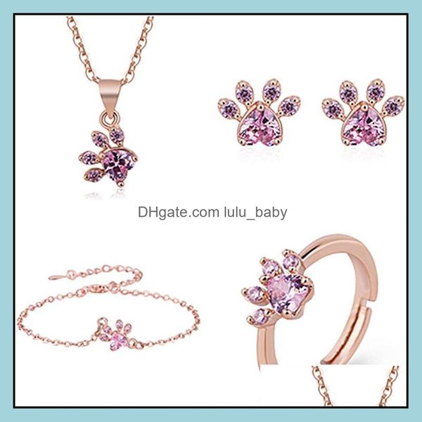 Ohrringe Halskette Rose Gold Katze Klaue Herz Fußabdruck Halsketten Ohrstecker Armband Ring Set Geschenk Party Zarte Drop Lieferung 2021 Schmuck S Dhit2